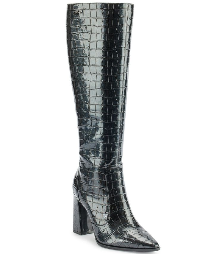 From DKNY by Donna Karan&#x2C; the Soryn Crocodile Embossed Patent Tall Boots feature:Crocodile embossed pearlized patent synthetic upperInside zipper closureFabric liningRubber blend outsoleApprox. 14.96" boot shaft heightApprox. 10.63" boot shaft circumferenceApprox. 3.74" heel heightImported. Tall Dress, Dress Boots, Sneaker Dress Shoes, Slingback Heel, Donna Karan, Suede Shoes, Tall Boots, Dress With Boots, Boot Shoes Women