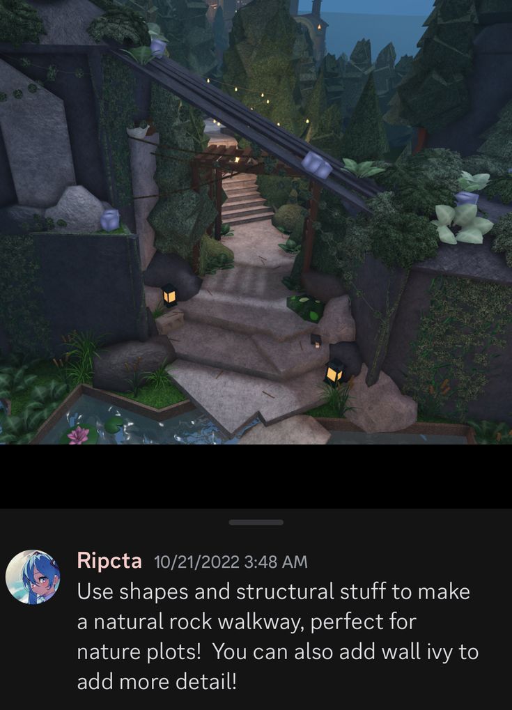 a screenshot of an animated video game with the caption'ripota 1017 / 2012 24 48 am use shapes and structural stuff to make a natural rock walkway, perfect for nature plots