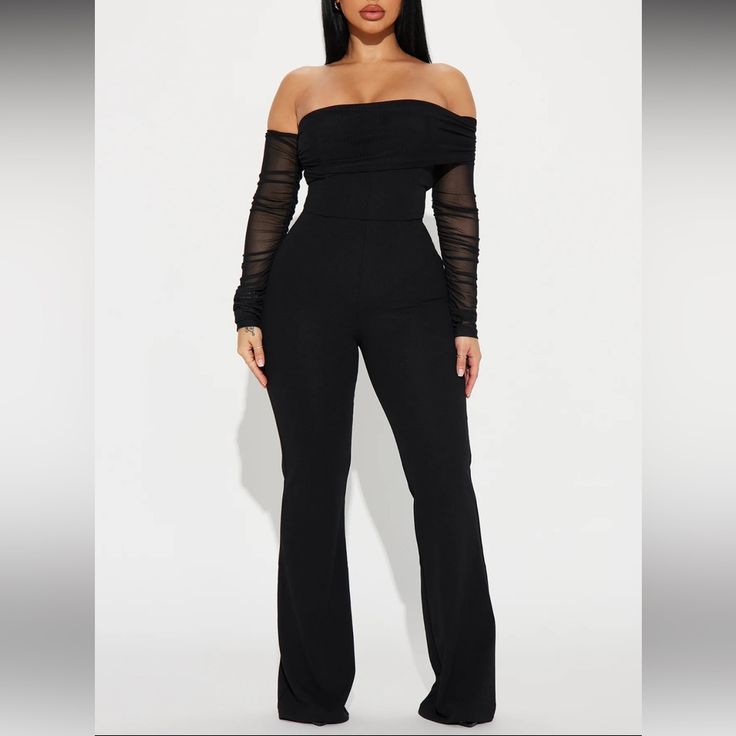 Black Mesh Sleeve Jumpsuit In Size Medium Has Some Stretch- Might Be Tight Fitting New Black Spring Pantsuit For Date Night, Black Pantsuit For Date Night In Spring, Black Pantsuit For Spring Date Night, Spring Black Pantsuit For Night Out, Black Pantsuit For Night Out In Spring, Black Pantsuit For Spring Night Out, Black Spring Pantsuit For Going Out, Black High Waist Tops For Work, Black Pantsuit For Going Out In Spring