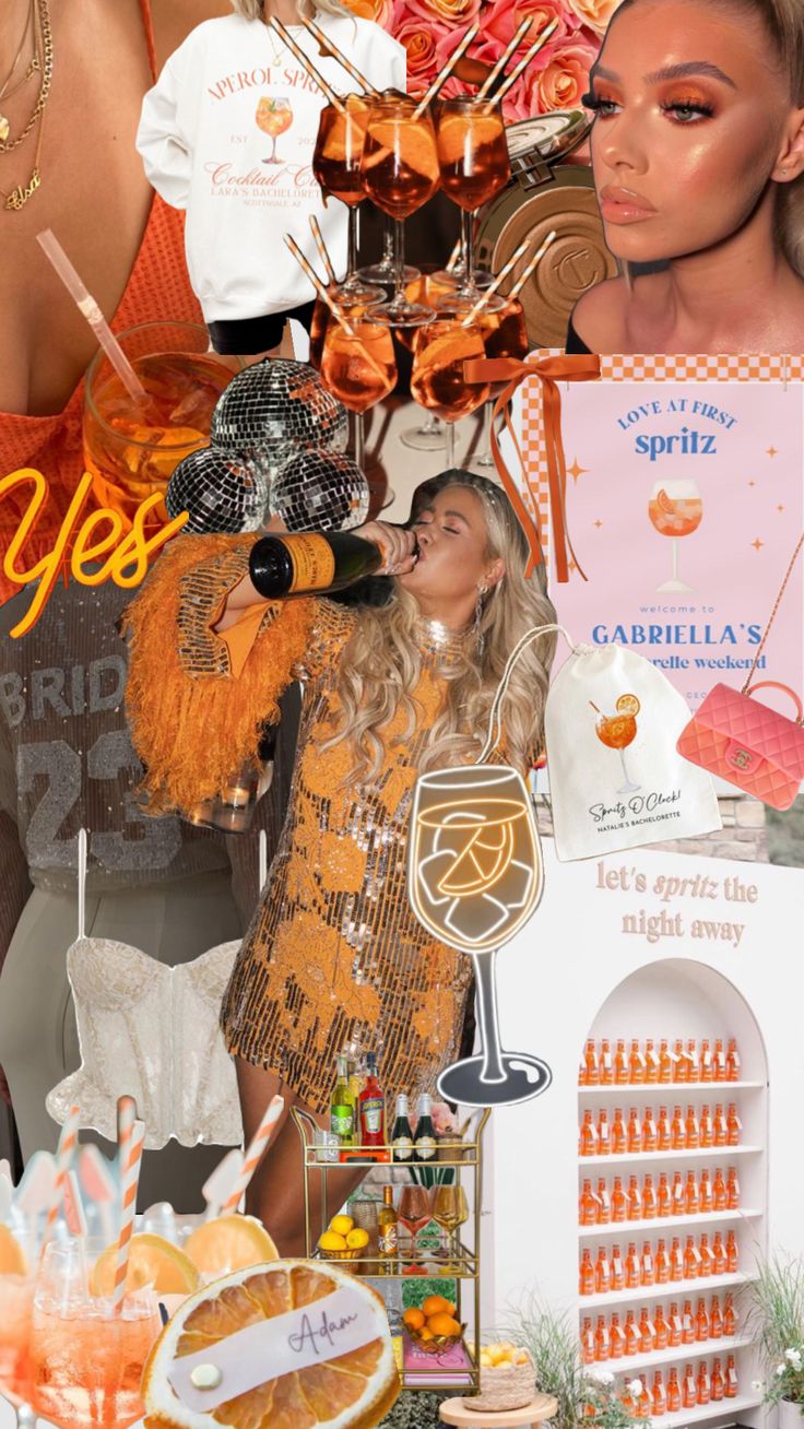 a collage of oranges, champagne and other items in the background are photoshopped