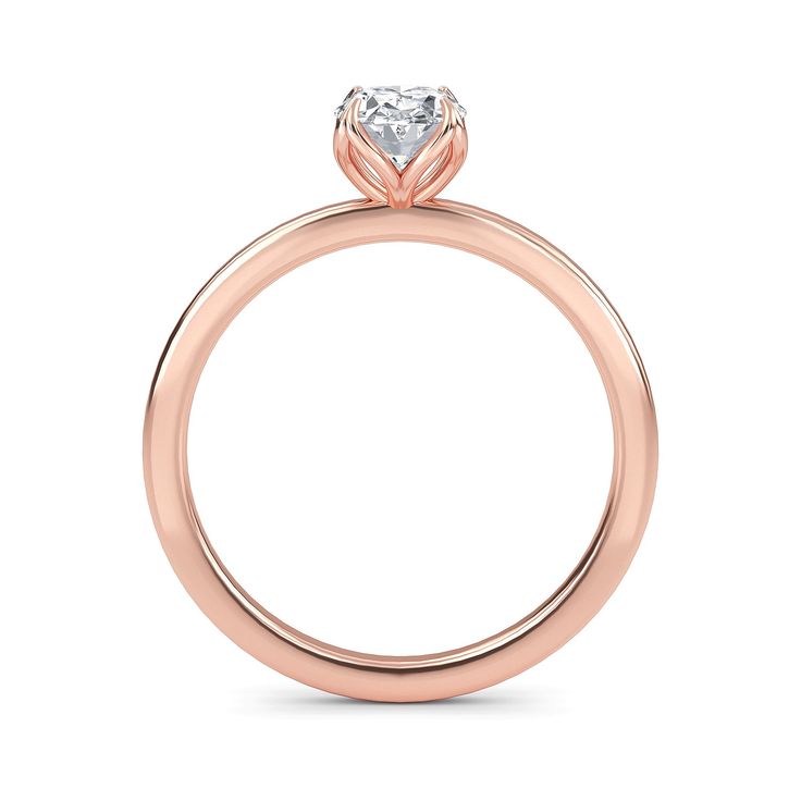 a rose gold engagement ring with a single diamond in the center, on a white background