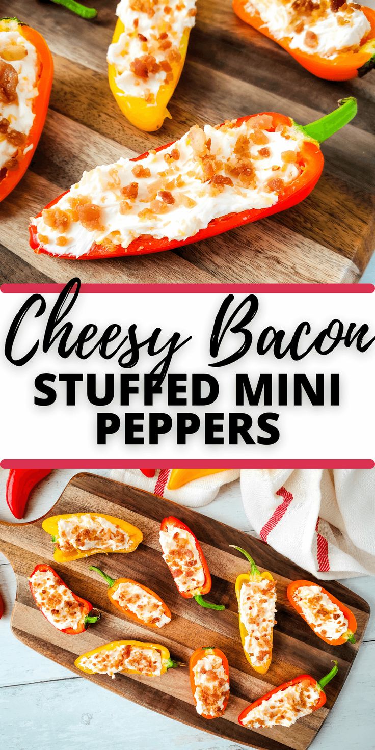 cheesy bacon stuffed mini peppers on a cutting board