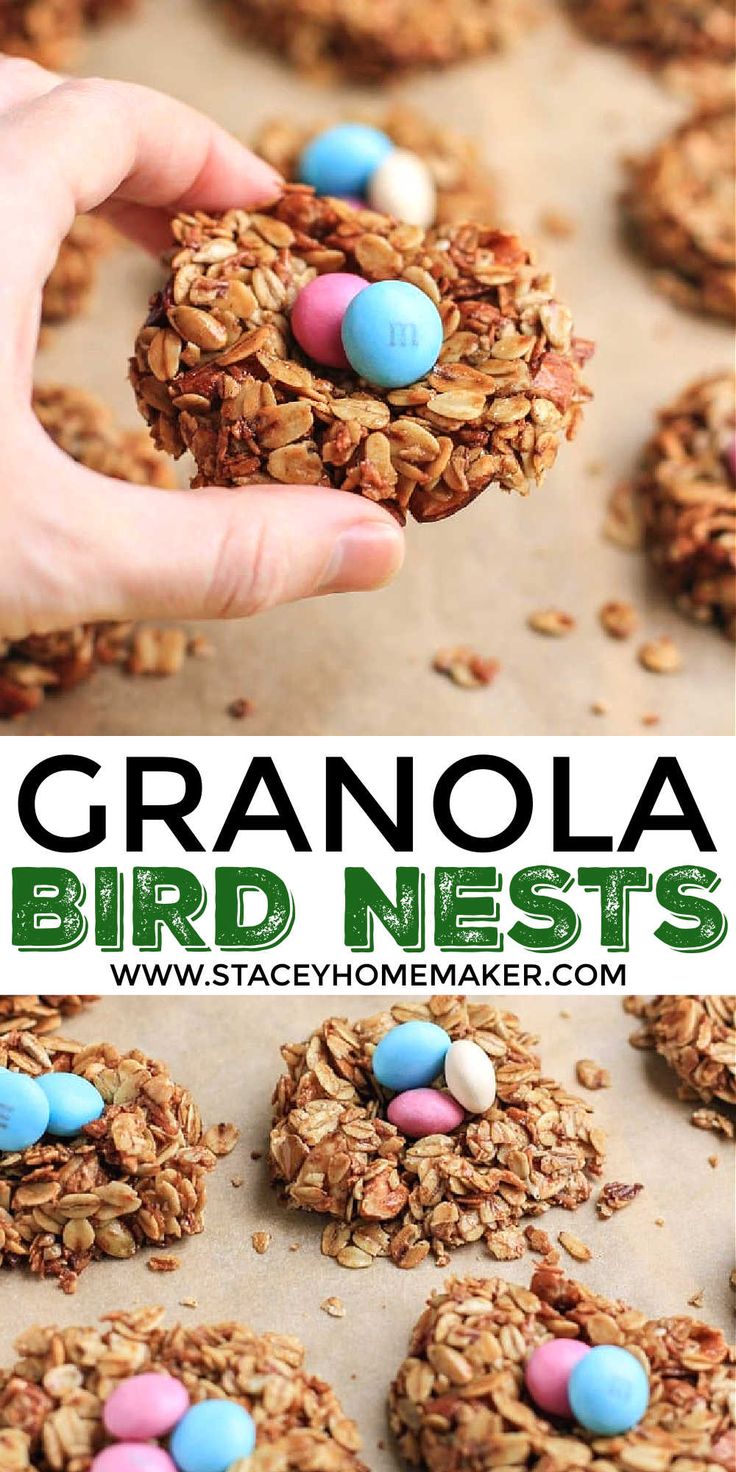 homemade granola bird nest cookies with candy eggs in the middle and text overlay