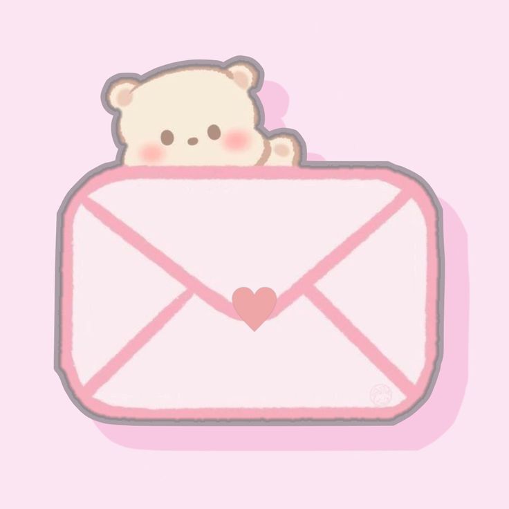 an envelope with a teddy bear sticking out of it's front pocket, on a pink background