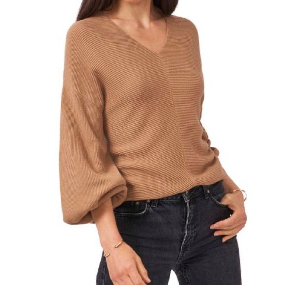 Mild Oak Casual Balloon Sleeve Sweater For Fall, Fall Knit Tops With Balloon Sleeves, Knit Tops With Balloon Sleeves For Fall, Fall Balloon Sleeve Knit Tops, Casual Balloon Sleeve Tops, Casual Brown V-neck Sweater For Spring, Casual Fall Tops With Balloon Sleeves, Casual Balloon Sleeve Spring Sweater, Casual Balloon Sleeve Tops For Fall