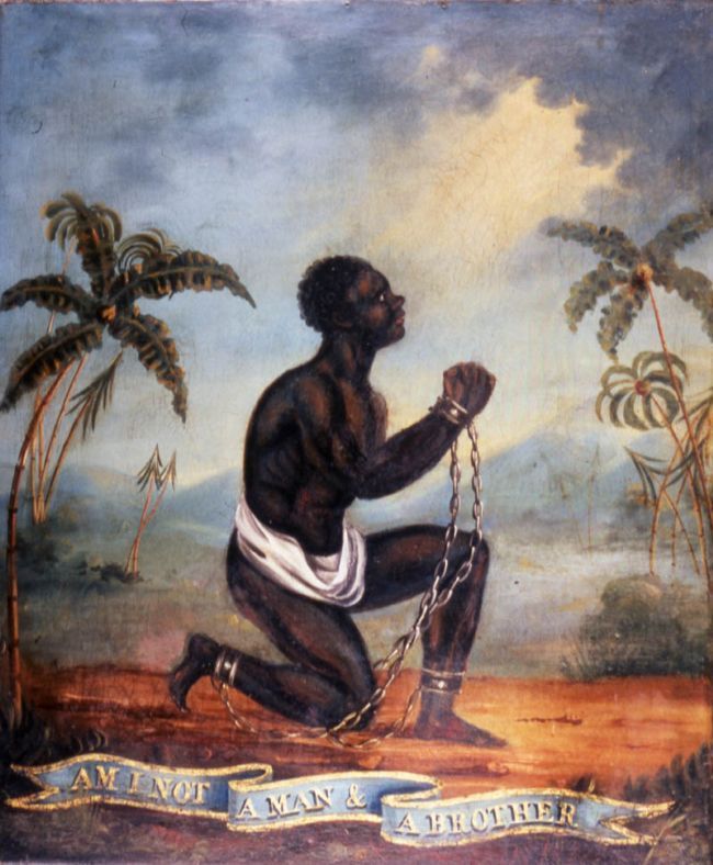 a painting of a man kneeling on the ground with palm trees in the background and a banner around him