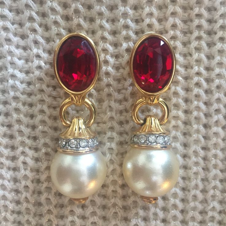 Sale Clip On Red Crystal Earrings With Pearl Drop And Crystal Rhinestones. Stamped With Swarovski Swan. Bought These Many Years Ago From Saks. No Scratches Or Deterioration. As Good As Brand New.......And Beautiful Red Jeweled Earrings For Evening, Elegant Red Crystal Earrings For Evening, Classic Red Earrings For Evening, Red Crystal Formal Earrings, Elegant Red Clip-on Earrings For Evening, Red Rhinestone Earrings For Formal Occasions, Formal Red Rhinestone Earrings, Elegant Red Clip-on Earrings, Red Dangle Clip-on Earrings For Formal Occasions