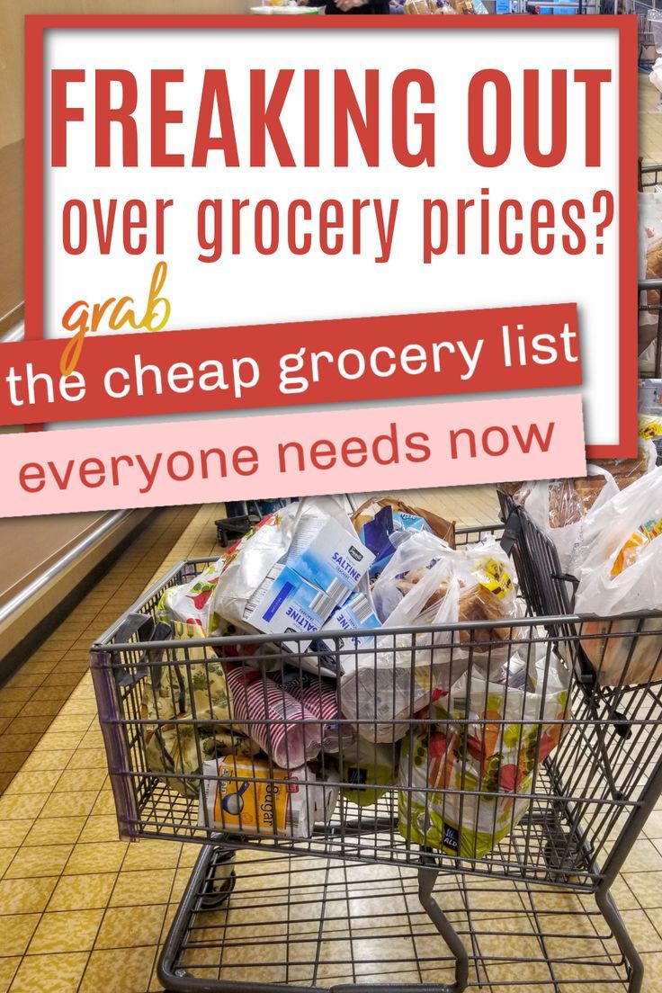 a shopping cart filled with groceries sitting on top of a floor next to a sign that reads breaking out over grocery prices