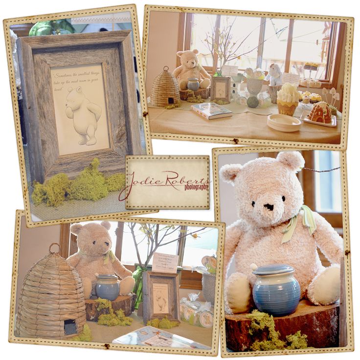 a collage of pictures with teddy bears and other items in them, including an old fashioned photo frame