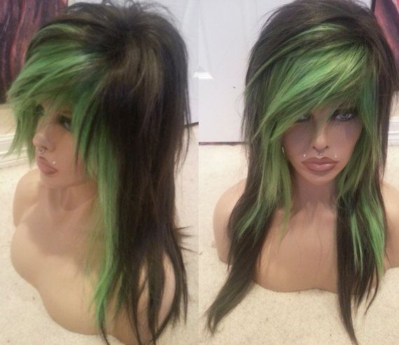 green and dark brown wig // emo girl scene punk gothic raver // bangs // ombre long bangs // two tone on Etsy, $129.99 Emo Hair Color, Black Scene Hair, Scene Hair Colors, Scene Hairstyles, Scene Haircuts, Scene Wig, Dark Brown Wig, Epic Hair, Scene Punk