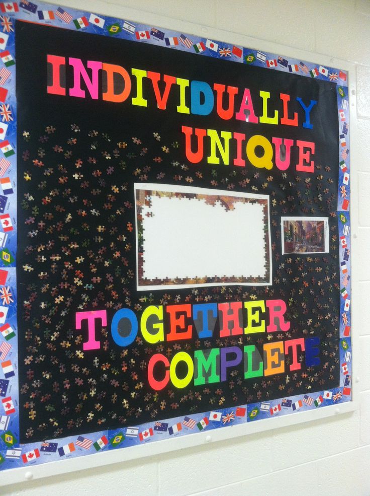 a bulletin board with the words individually unique together to complete it in different colors and shapes