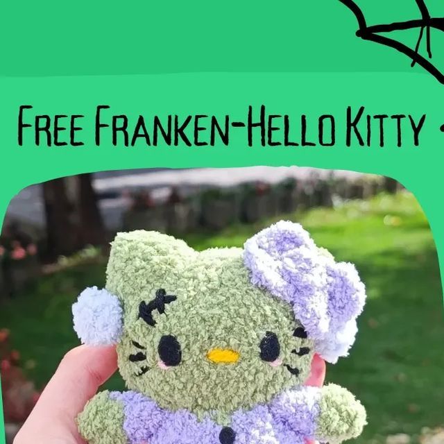 a hand holding a small stuffed animal in front of a green background with the words free franklin hello kitty on it