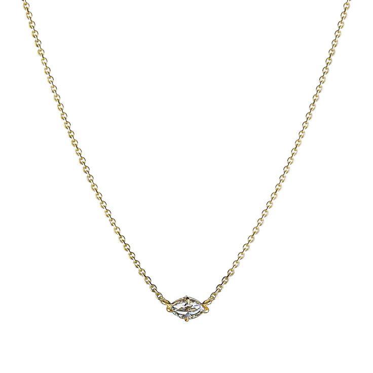 Handcrafted solitaire diamond pendant necklace featuring a rose-cut marquise diamond, set on an adjustable 18-karat white or yellow gold chain. Marquise Diamond Necklace With Single Diamond, Elegant Marquise Diamond Necklace With Single Diamond, Marquise Cut Single Diamond Necklace, Luxury Marquise Necklace With Single Diamond, Luxury Marquise Necklace With Rose Cut Diamonds, Classic Marquise Necklace With Single Cut Diamonds, Fine Jewelry Marquise Diamond Necklace With Single Cut Diamonds, Fine Jewelry Marquise Cut Diamond White Necklace, Luxury Marquise Rose Cut Diamond Necklace