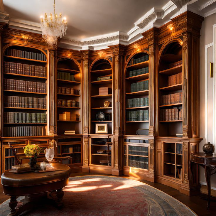 a room with many bookshelves and a chandelier