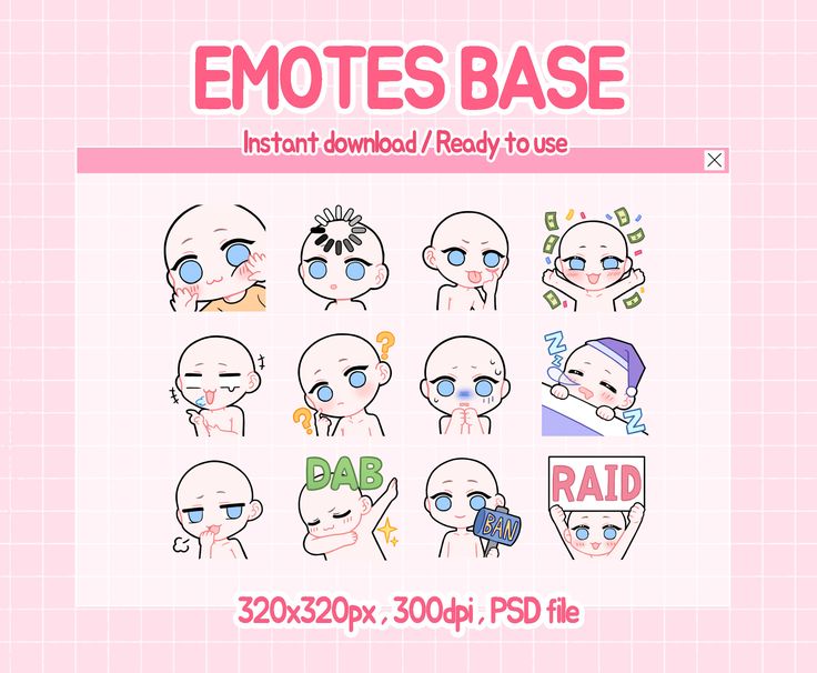 the emotes base sheet is shown in pink and white with different facial expressions