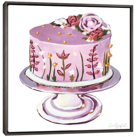 a painting of a pink cake with flowers on the top and bottom, sitting on a plate