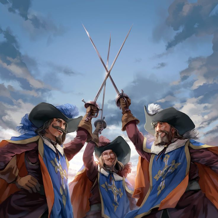 two men in pirate costumes holding swords and pointing them at the sky with clouds behind them