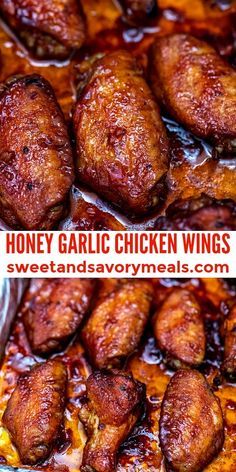 honey garlic chicken wings in a baking pan with the words honey garlic chicken wings above them