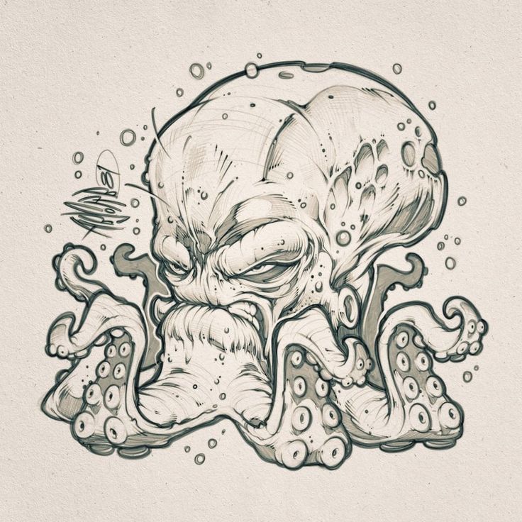 a drawing of an octopus with its mouth open and it's head in the water