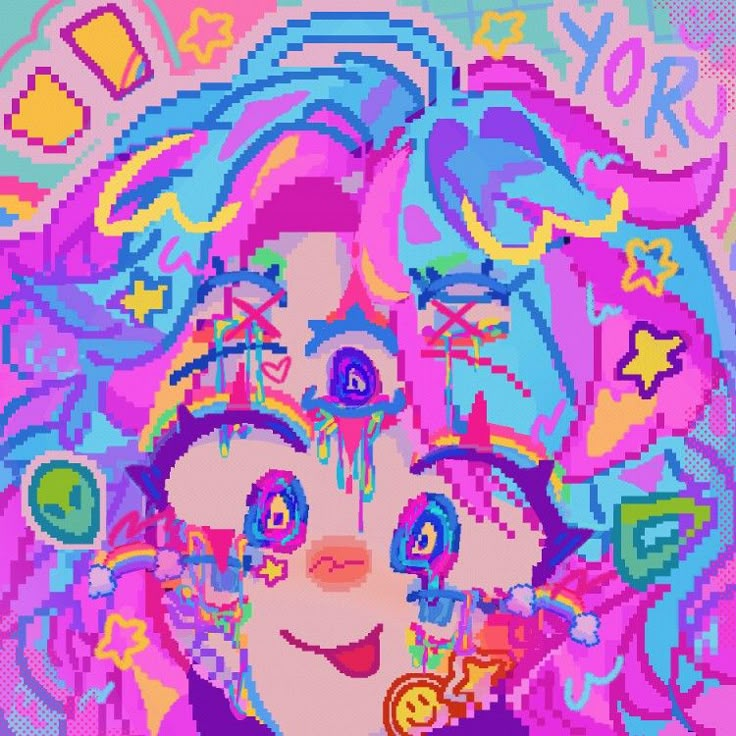 a digital painting of a woman with colorful hair and stars on her face, in the style of pixel art