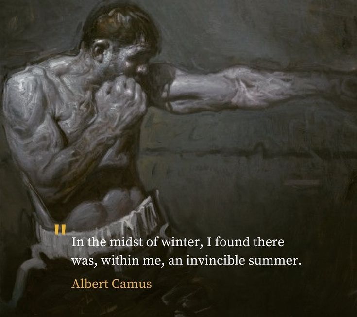 an image of a man with his arm in the air, and a quote from albert camus