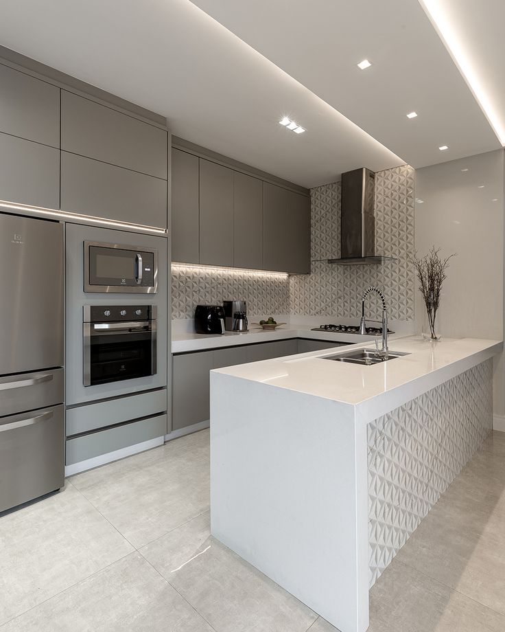 a modern kitchen with stainless steel appliances and white countertops, along with gray cabinets