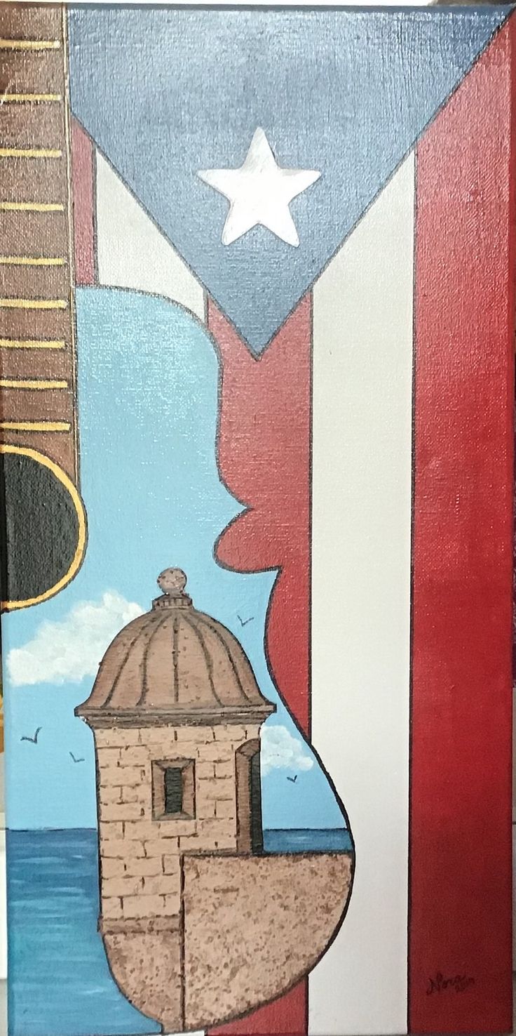 a painting of a flag with a building in the middle and a star on top