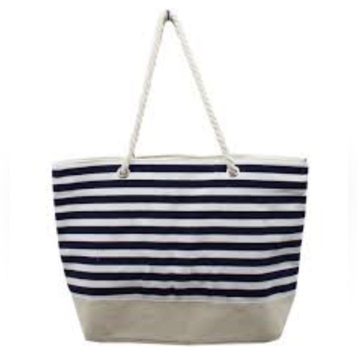 Nwot Lancome Beach Boat Bag. This Bag Has A Black And White Horizontal Striped Top With A Champagne-Colored Bottom. The Bag Is 15" High - 11 1/8" Is Striped. The Bottom Is Soft Vinyl And Is 19 1/$' Across And 4 1/8' Wide. The Top Is Canvas. There Are Large Rope Straps On Each Side That Go Thru Loops In The Bag And Are Knotted. The Bag Snaps And There Is One Open Pocket Inside. Striped Travel Bags For Summer, Casual Canvas Vacation Bag, Casual Canvas Shoulder Bag For Vacation, Striped Beach Bag For Travel, Striped Rectangular Vacation Bag, Striped Travel Bags For Beach Season, Striped Tote Bag For Vacation, Striped Summer Bags For Daily Use, Striped Bags For Beach Season Vacation