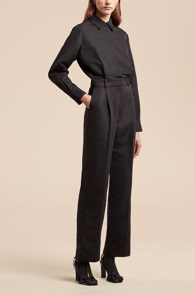 Faille Jumpsuit Luxury Long Sleeve Formal Pantsuit, Elegant High-waisted Pantsuit For Formal Occasions, Elegant Formal Pantsuit With High-waisted Pants, Elegant Fitted Pants With Flared Cuffs, Sleek Long Sleeve Pantsuit For Semi-formal Occasions, Sleek Long Sleeve Semi-formal Pantsuit, Sleek Long Sleeve Formal Pantsuit, Semi-formal Fall Pantsuit With High-waisted Pants, Semi-formal High-waisted Fall Pantsuit