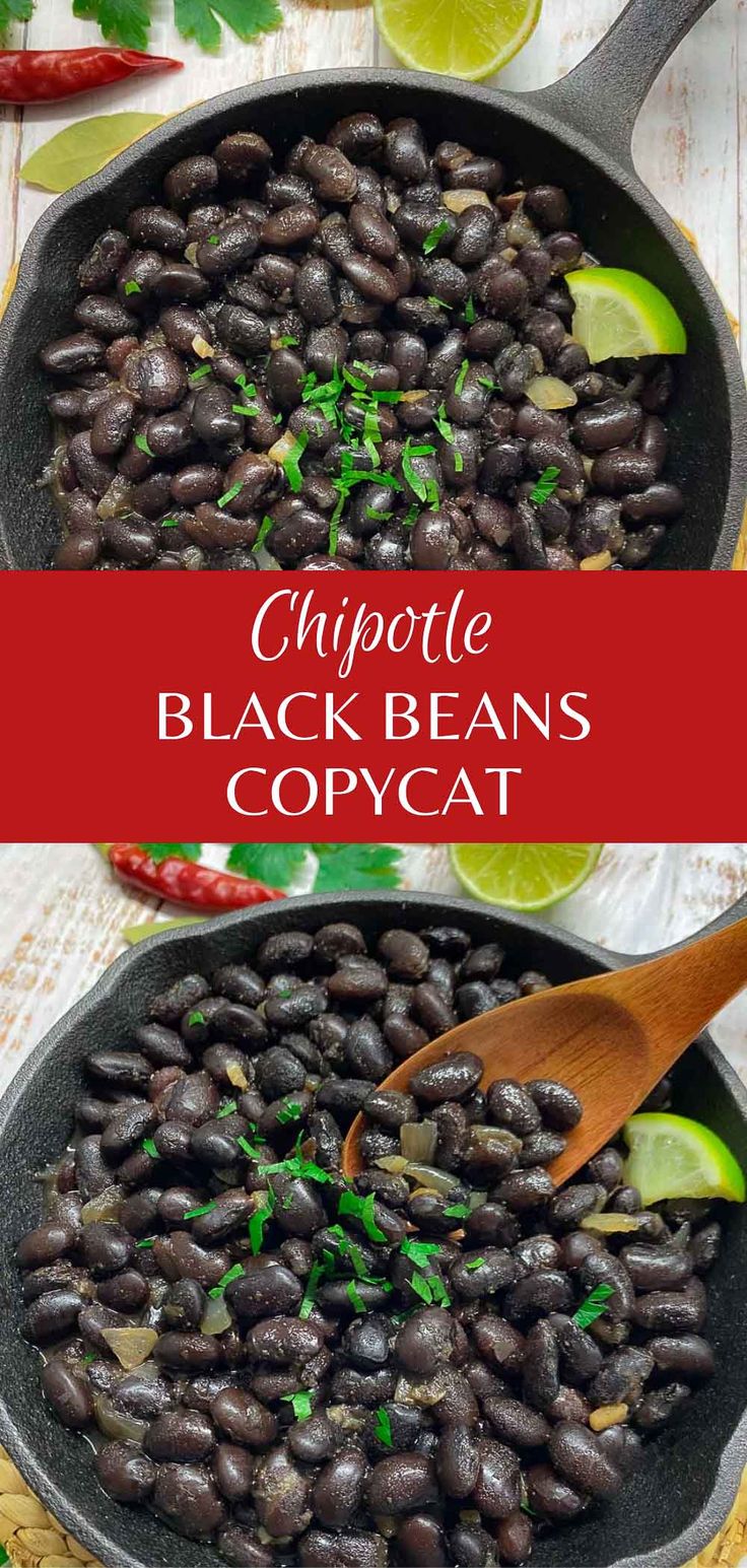 black beans in a cast iron skillet with limes and cilantro on the side