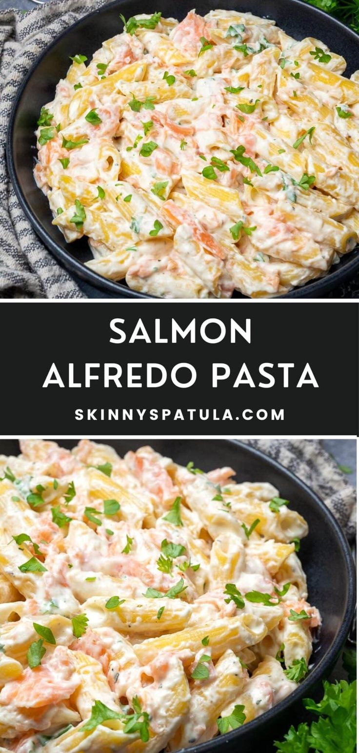 salmon alfredo pasta in a black skillet with parsley on top and the recipe below