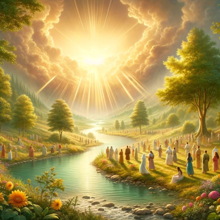 a painting of many people standing in the grass near a river with sun shining over them