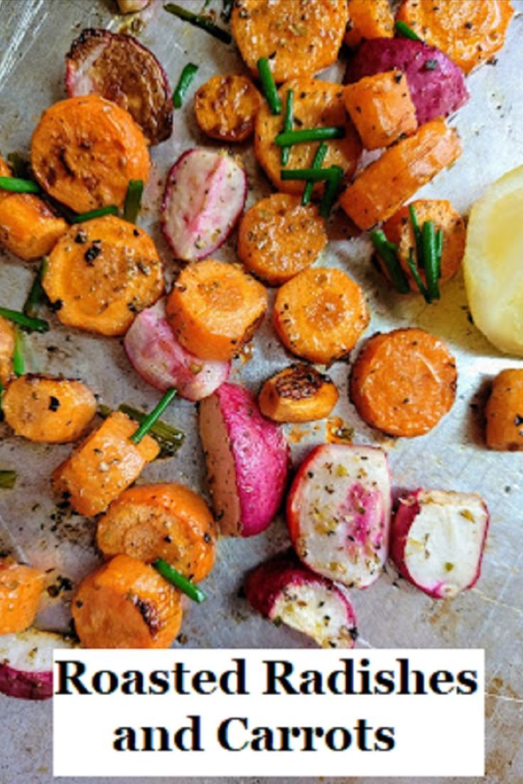 roasted radishes and carrots on a baking sheet with the words roasted radishes and carrots