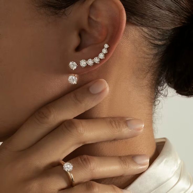 Lab-Grown Diamond Solitaire Ear Climbers | VRAI Jewellery Showroom, Solitaire Studs, Ear Jacket, Yellow Gold Setting, Studs Earrings, Diamond Drops, Small Earrings, Rose Gold Diamonds, Diamond Sizes