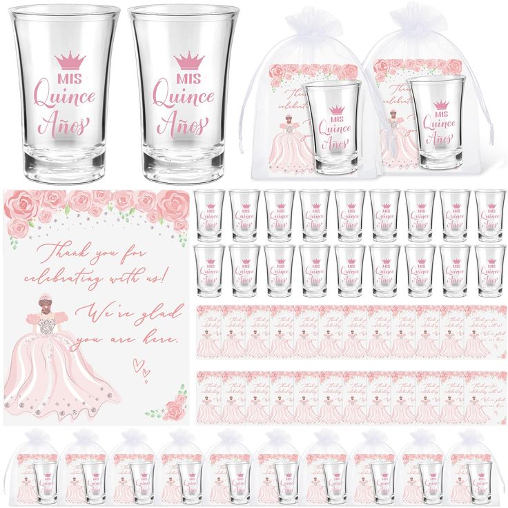 a set of princess themed party supplies including glasses, napkins and place cards for the bride