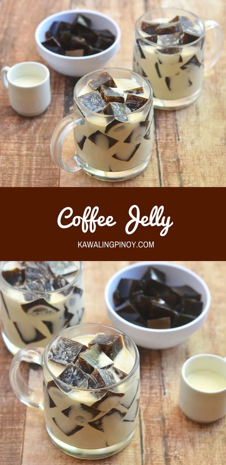 coffee jelly is served in small cups with ice cubes on the top and below