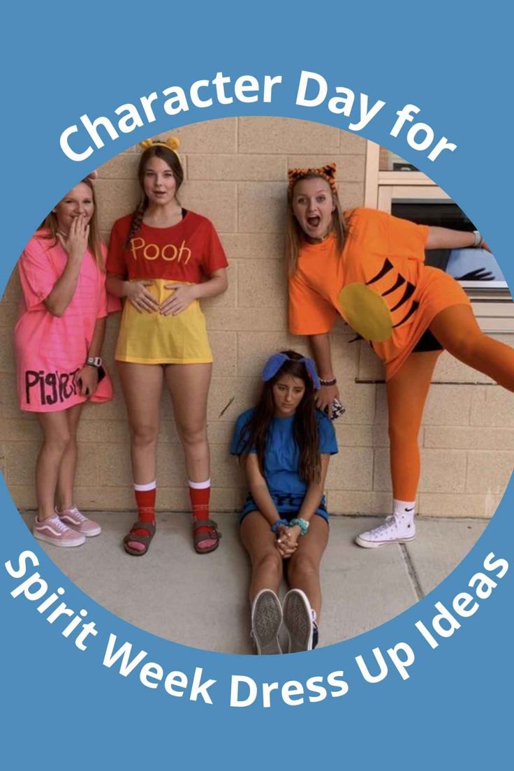 three girls dressed up as winnie the pooh and tigger from disney's animated movie, character day for spirit week dress up ideas