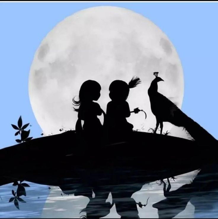 two children are sitting on a boat in front of the full moon with birds perched on it