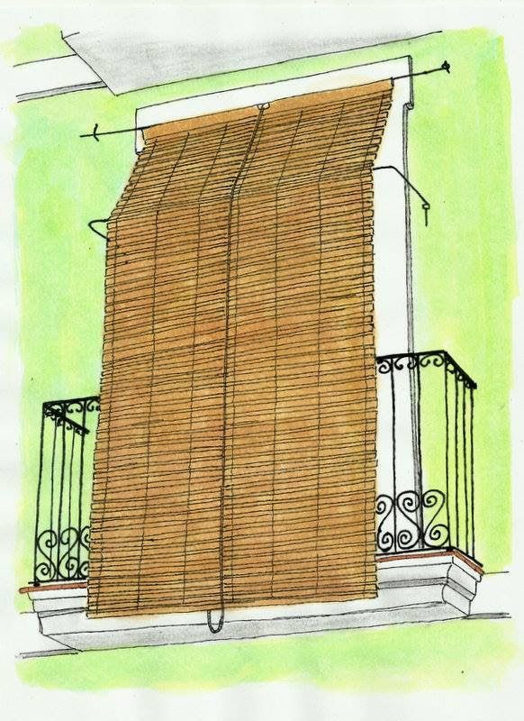 a drawing of a bamboo curtain on a balcony