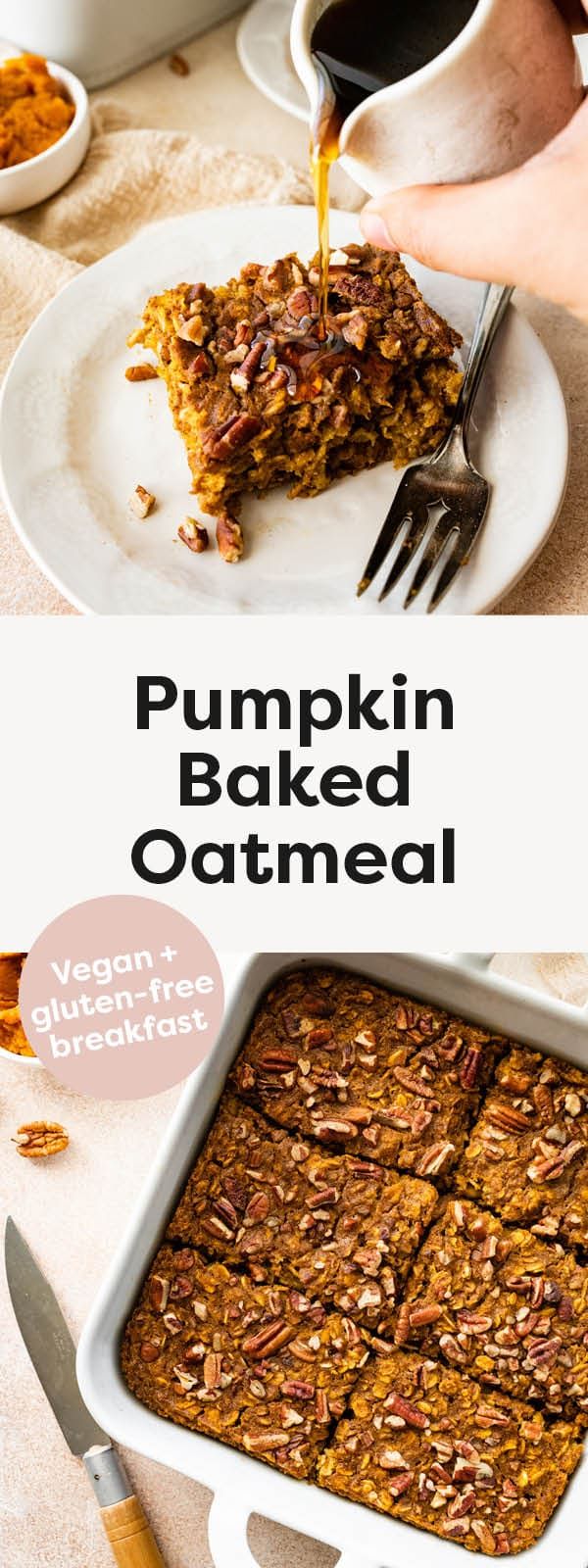 pumpkin baked oatmeal is being drizzled with maple syrup