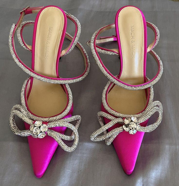 MACH MACH DOUBLE BOW FUSCIA PINK HEELS 36.5 | eBay Pink Mach Mach Heels, Mach And Mach Heels Pink, Pink Open Heel Heels With Bow, Luxury Pink Heels With Bow, Pink Round Toe Heels For Cocktail, Pink Closed Toe Heels For Cocktail, Formal Pink Closed Toe Heels, Pink High Heel Gala Shoes, Pink Heels With Wrapped Heel For Gala