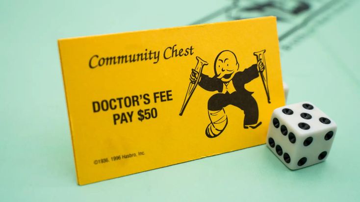 a pair of dices sitting next to a yellow business card with the words doctor's fee pay $ 50