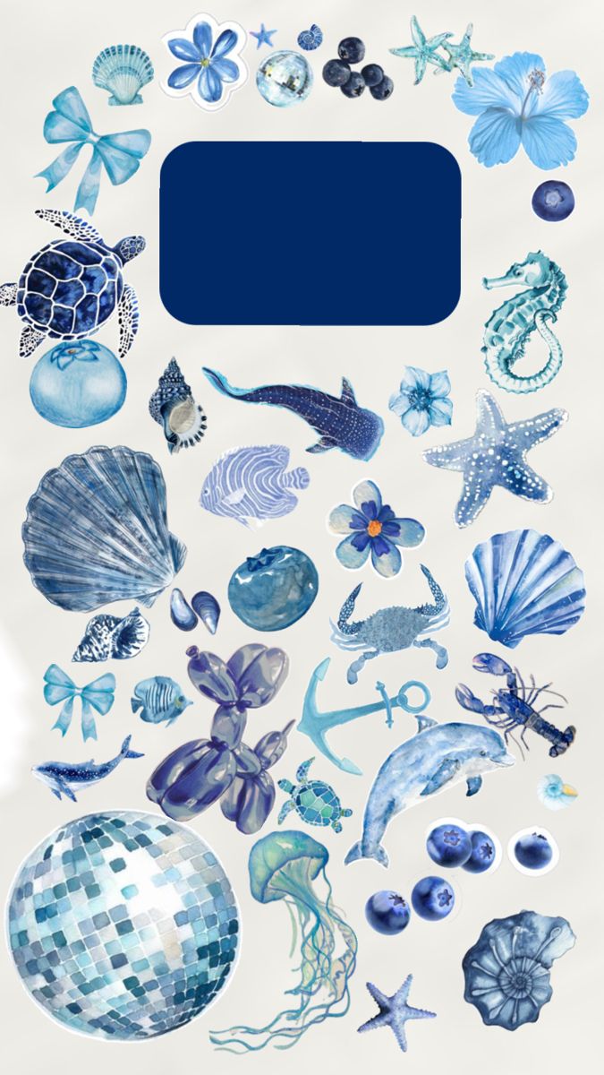 a blue and white photo frame surrounded by sea creatures