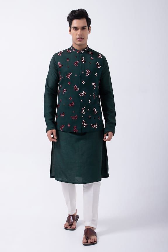 Bottle green linen satin bundi jacket with mirror and thread embroidery. - Aza Fashions Kurta Set For Men, Pajama Pattern, Green Mirror, Nehru Jacket, Silk Kurta, Nehru Jackets, Kurta With Pants, Satin Color, Thread Embroidery