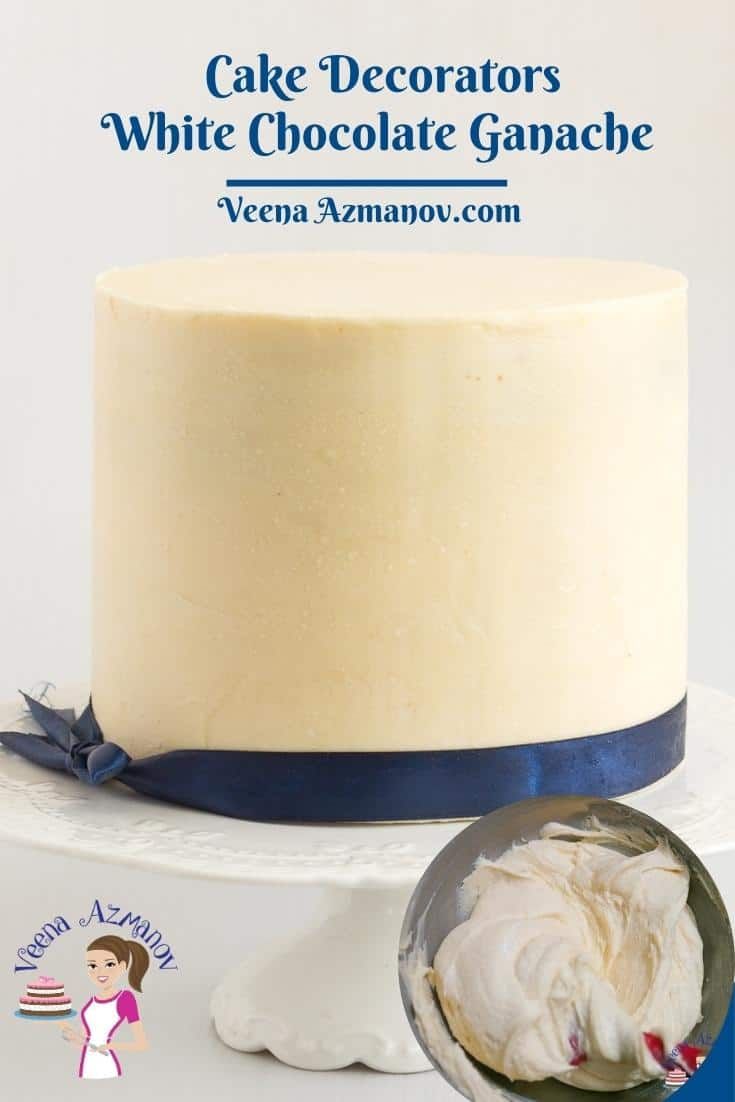 a cake decorated with white chocolate ganache and blue ribbon next to a bowl of whipped cream