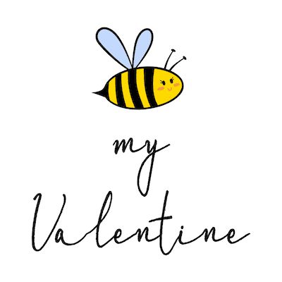 a yellow and black bee with the words my valentine on it's chest, flying in