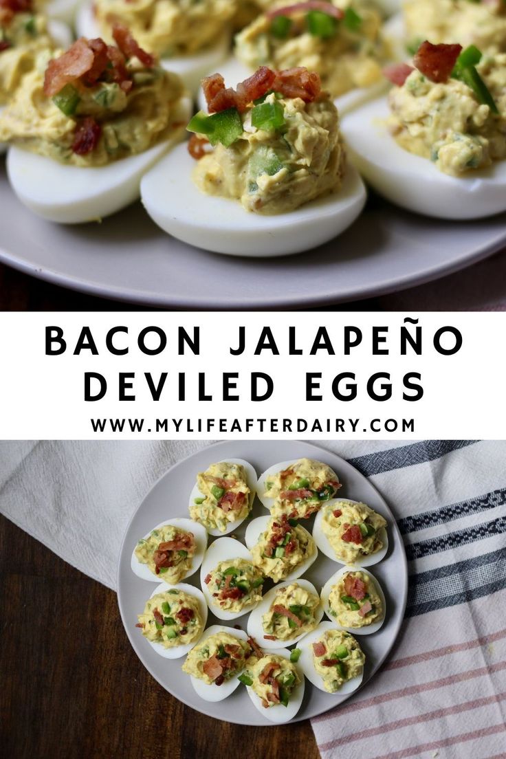 bacon jalapeno deviled eggs on a white plate with text overlay