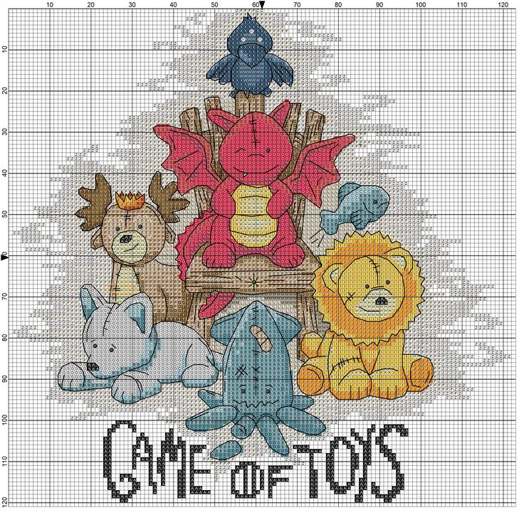 a cross stitch pattern with some animals and toys on it, the words game of toys written