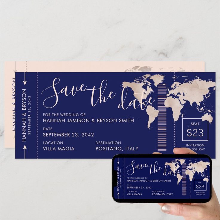 a person holding up a ticket for their wedding with the world map on it and text save the date