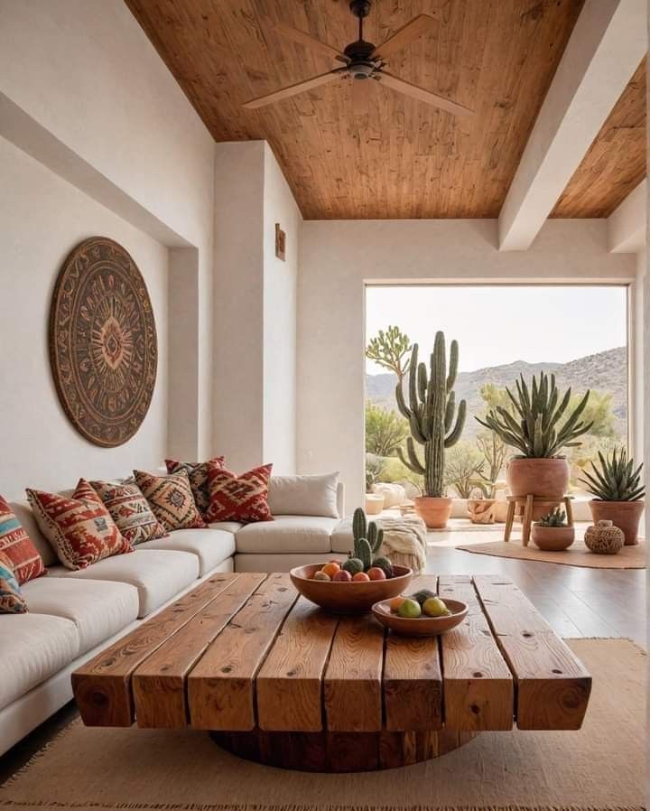 a living room filled with furniture and a large cactus in the middle of the room